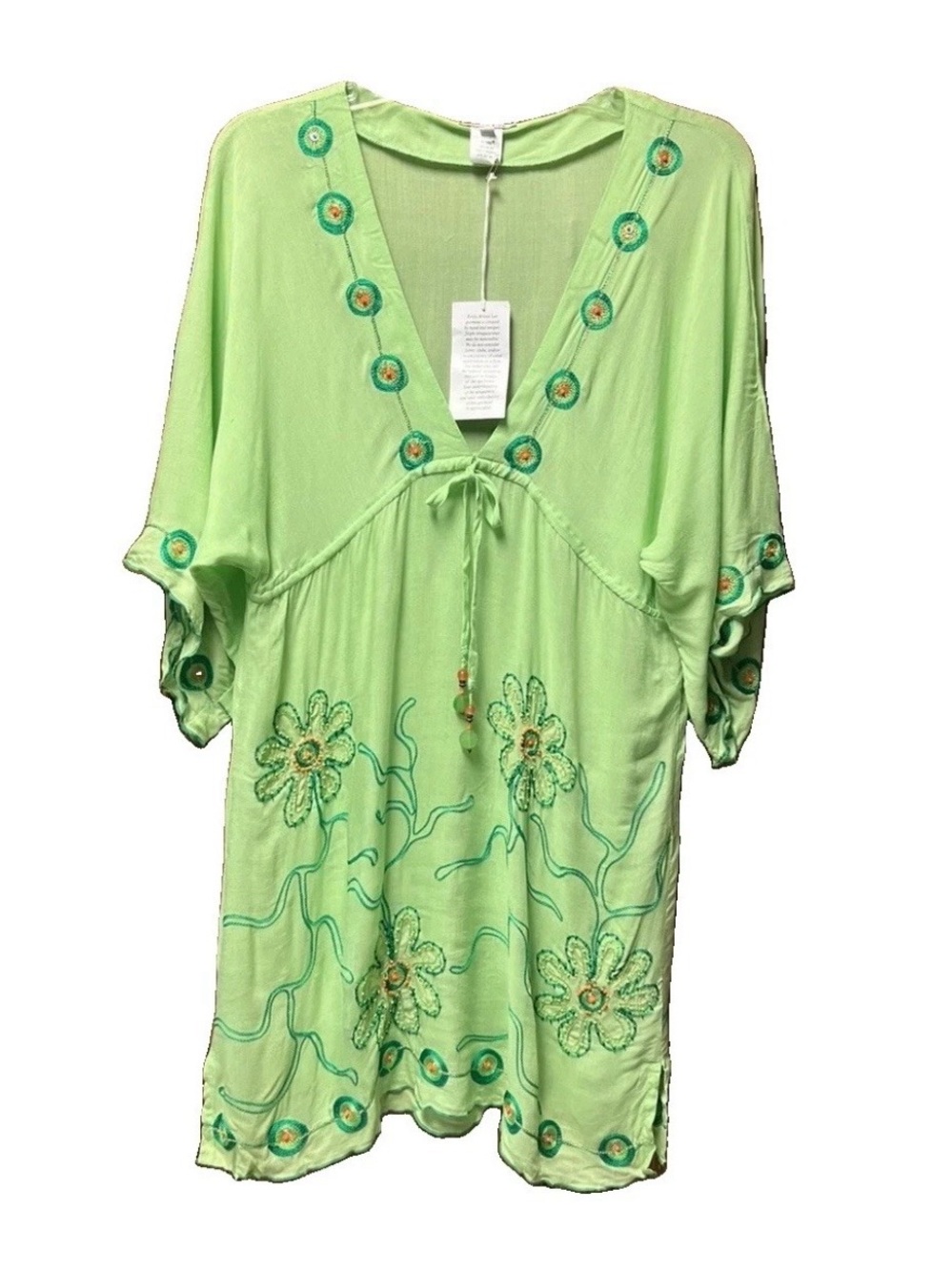 NWT Krista Lee Lime Green Beaded Embroidered Boho Dress Cover-Up Soft Airy Sz S